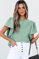 Moonlight Jade Solid Color Textured Flutter Sleeve Top
