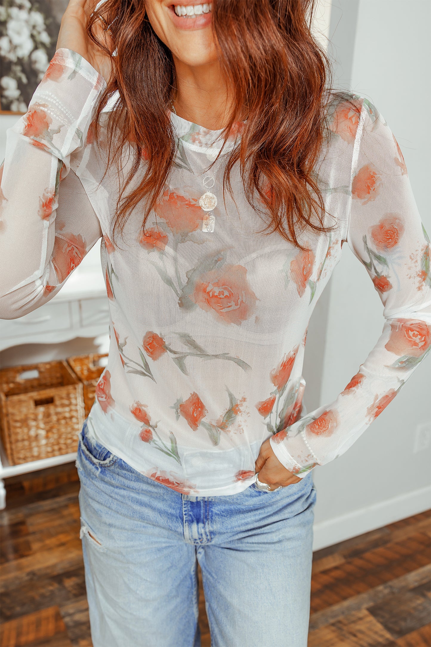Casual Round Neck Floral Print Mesh Long Sleeve Top