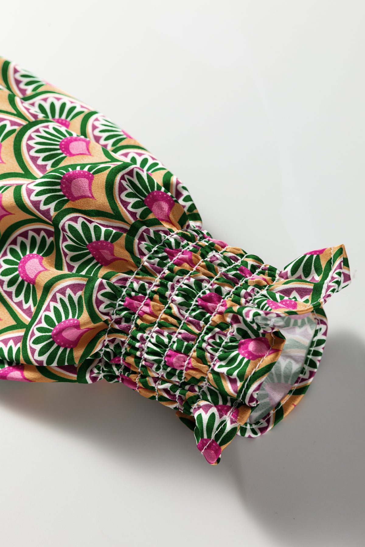 Apricot Floral Patchwork Shirred Cuff Puff Sleeve Sweater