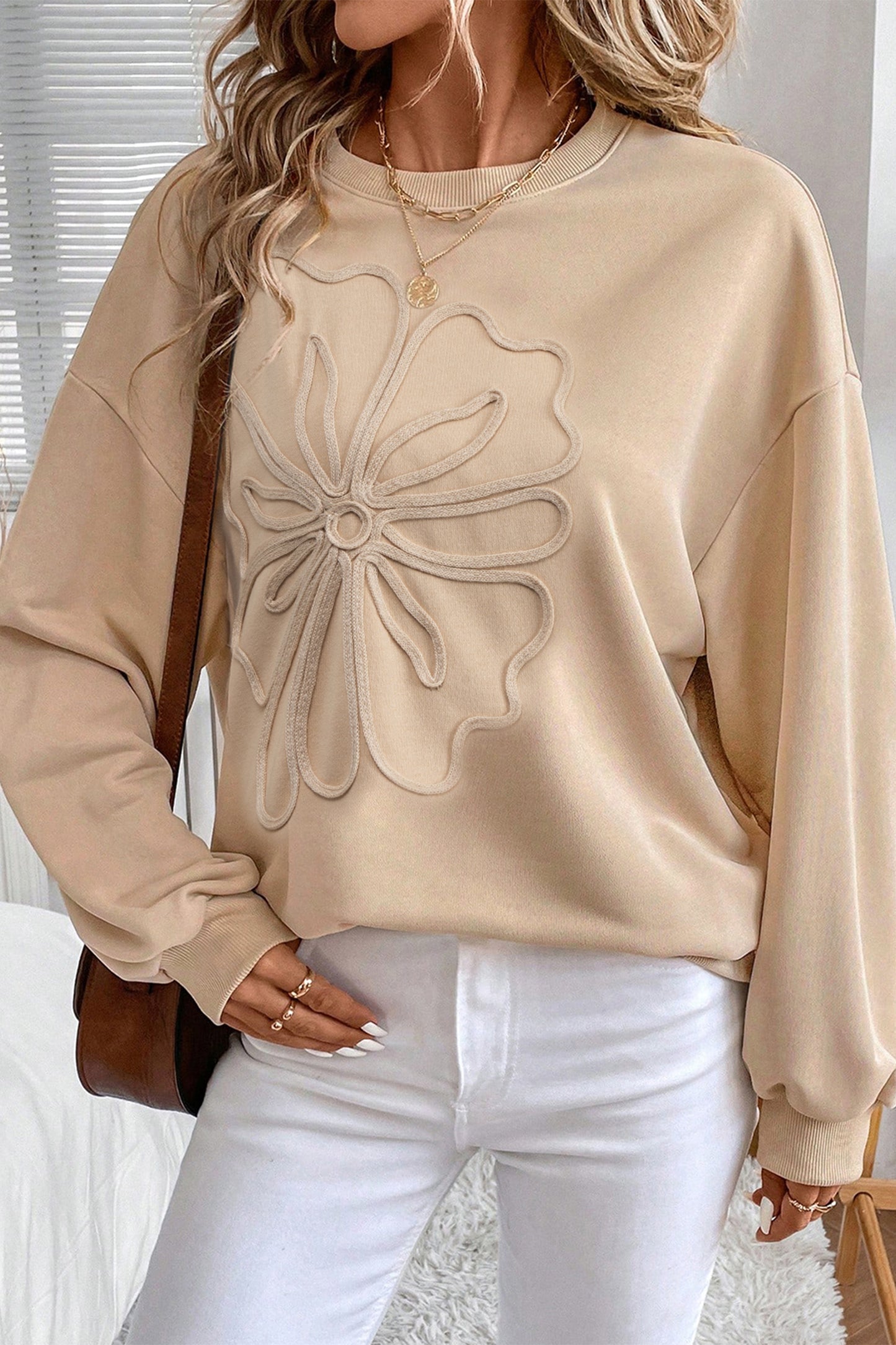 Parchment Embroidered Flower Pattern Drop Shoulder Sweatshirt