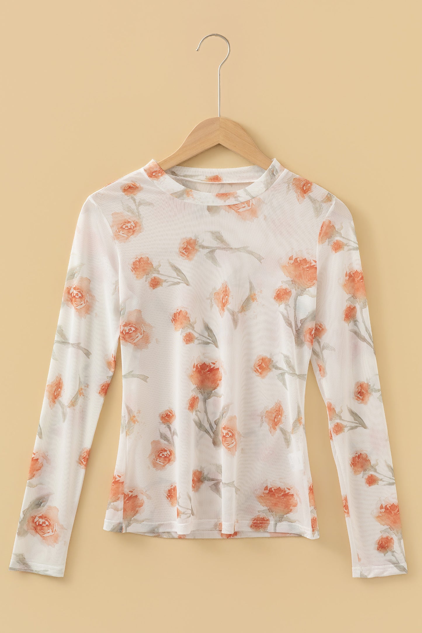 Casual Round Neck Floral Print Mesh Long Sleeve Top