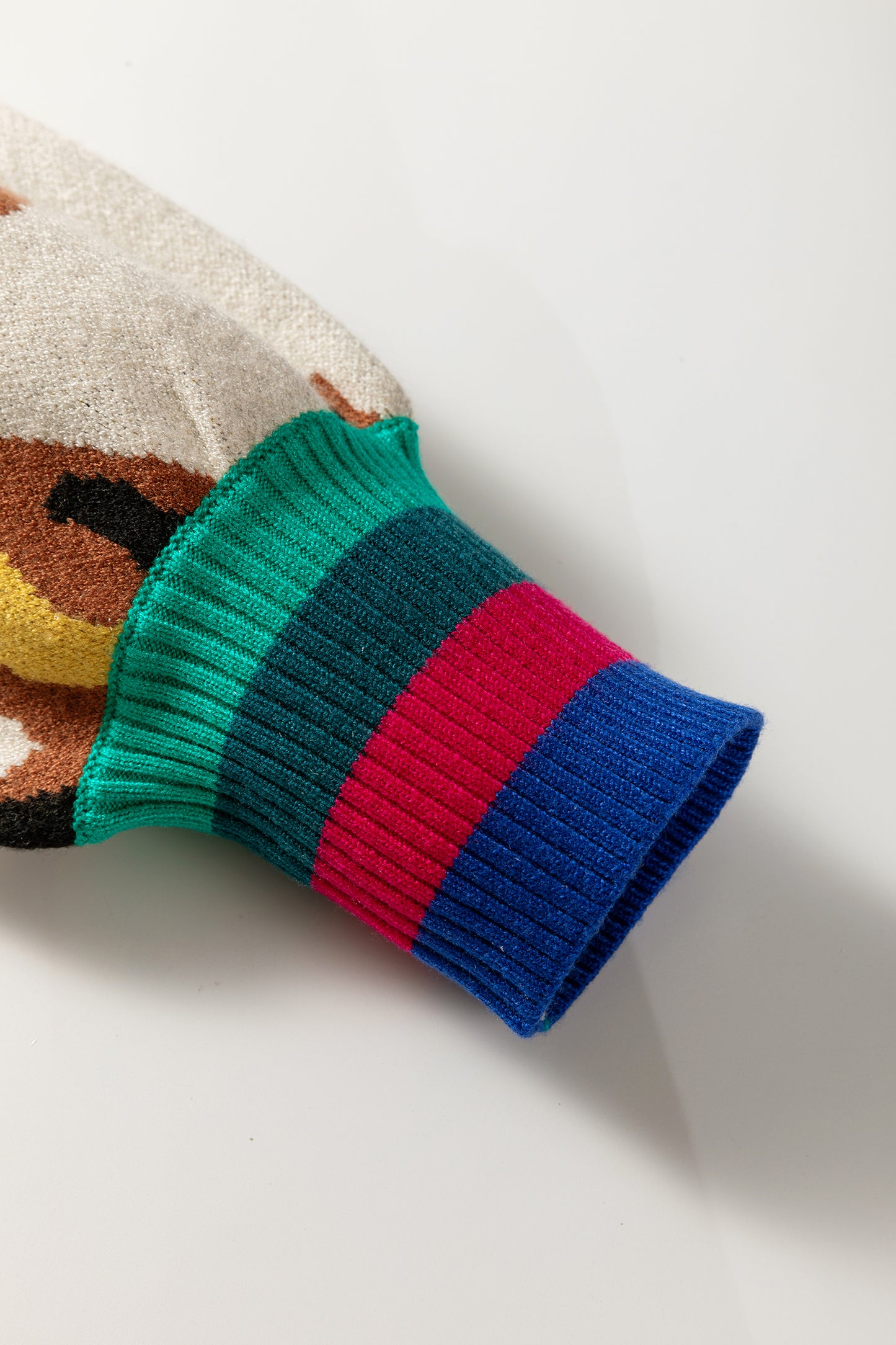 Apricot Contrast Ribbed Stripes Detail Animal Pattern Knit Sweater