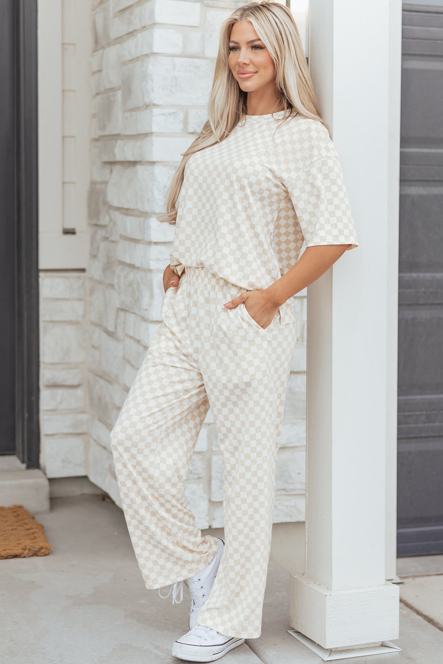 Khaki Checkered Print Half Sleeve Tee 2pcs Lounge Pant Set