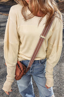 Beige Thermal Knit Patchwork Exposed Seam Long Sleeve Top