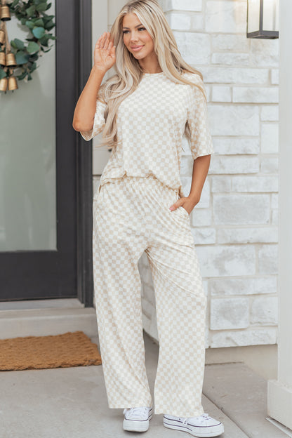Khaki Checkered Print Half Sleeve Tee 2pcs Lounge Pant Set