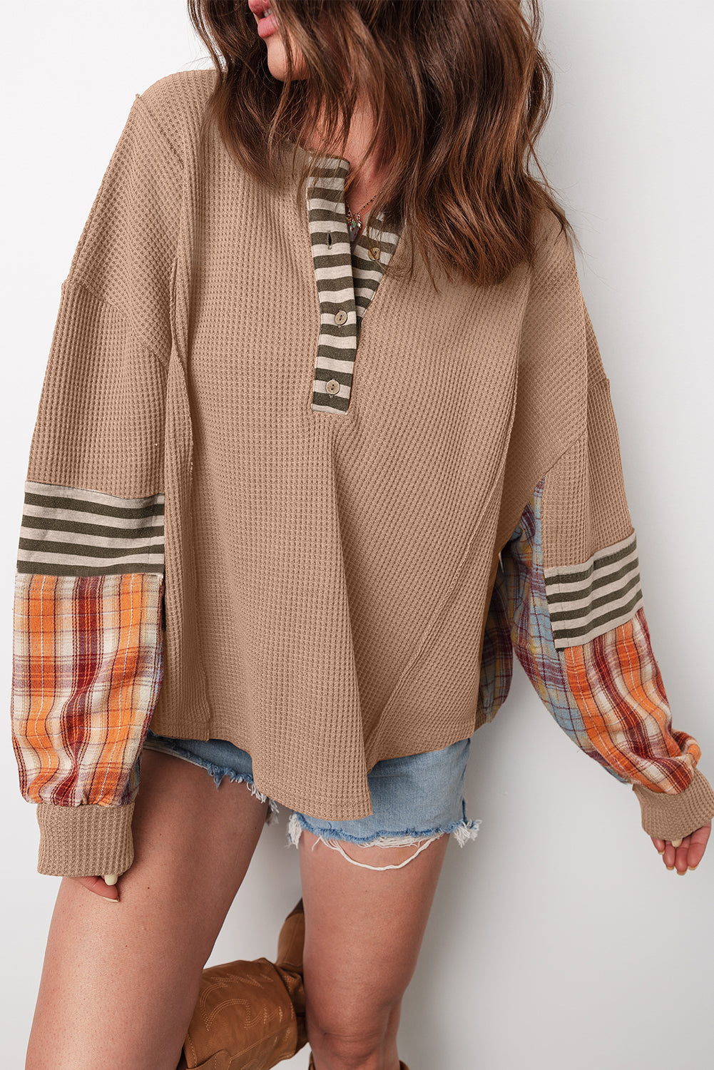 Straw Yellow Waffle Stripe Plaid Patchwork Henley Knit Top