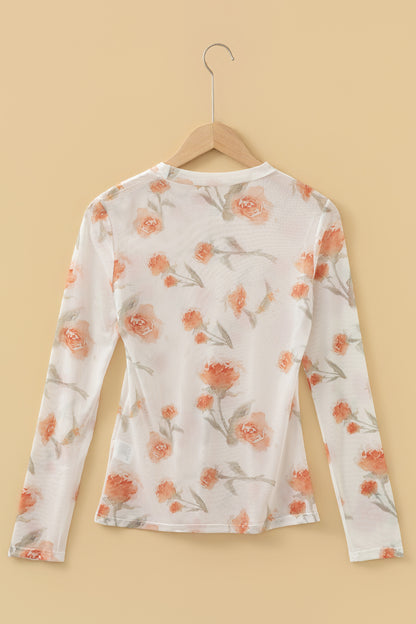 Casual Round Neck Floral Print Mesh Long Sleeve Top