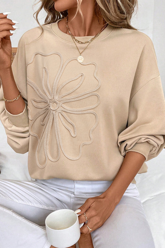 Parchment Embroidered Flower Pattern Drop Shoulder Sweatshirt