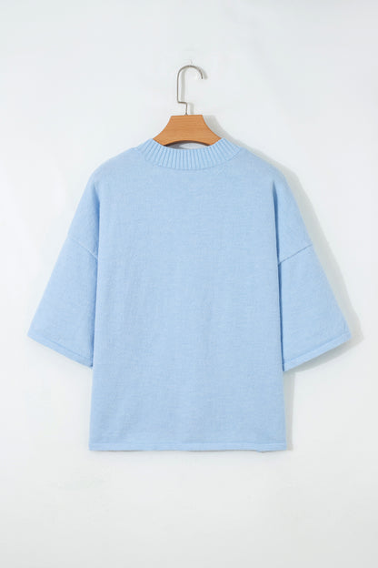 Beau Blue 3/4 Sleeve Boxy Knit Button Down Sweater Cardigan