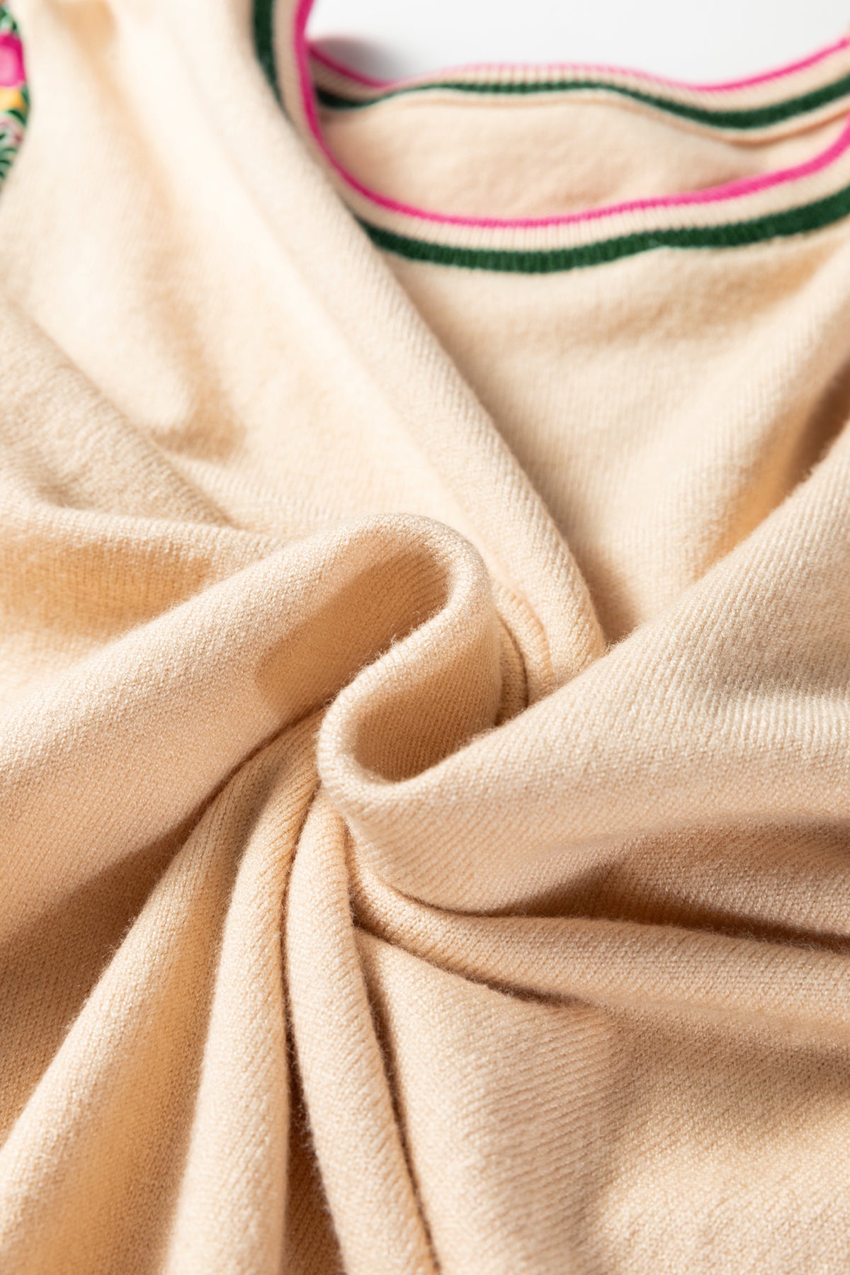 Apricot Floral Patchwork Shirred Cuff Puff Sleeve Sweater